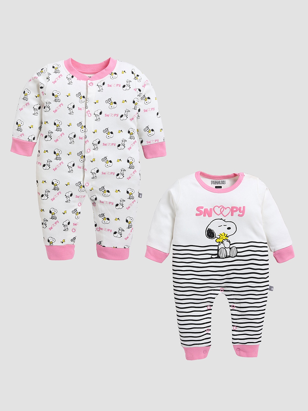 

YK X Tinyo Infant Girls Set Of 2 Snoopy Printed Pure Cotton Rompers, White