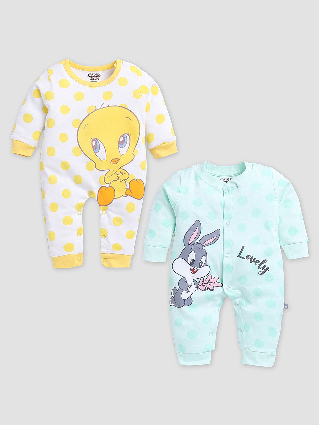 

YK X Tinyo Infant Girls Set Of 2 Looney Tunes Printed Pure Cotton Rompers, Yellow