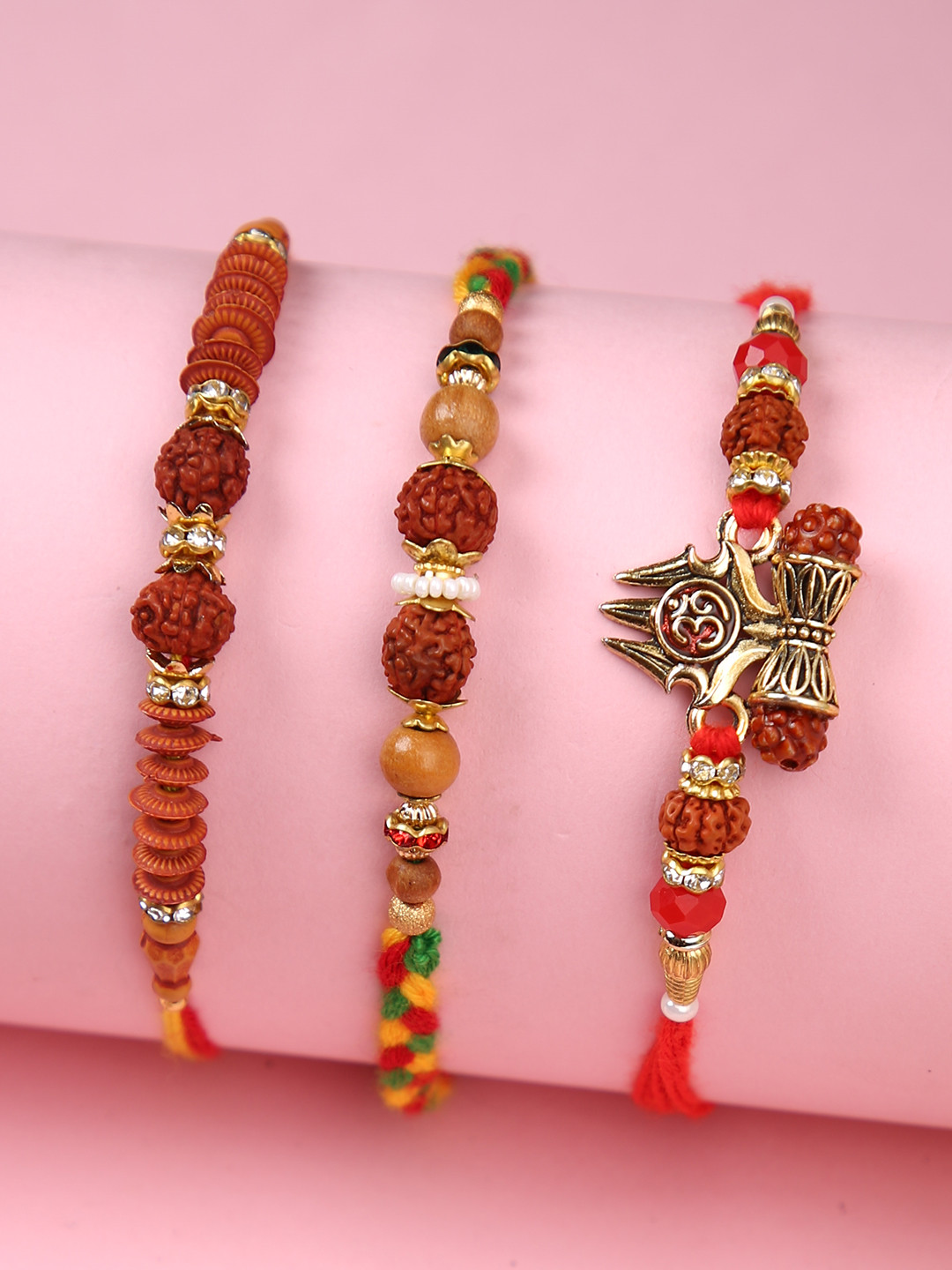 

Aapno Rajasthan Set of 3 Divine Rudraksh Beaded Rakhi with Roli Chawal & Greeting Card, Gold