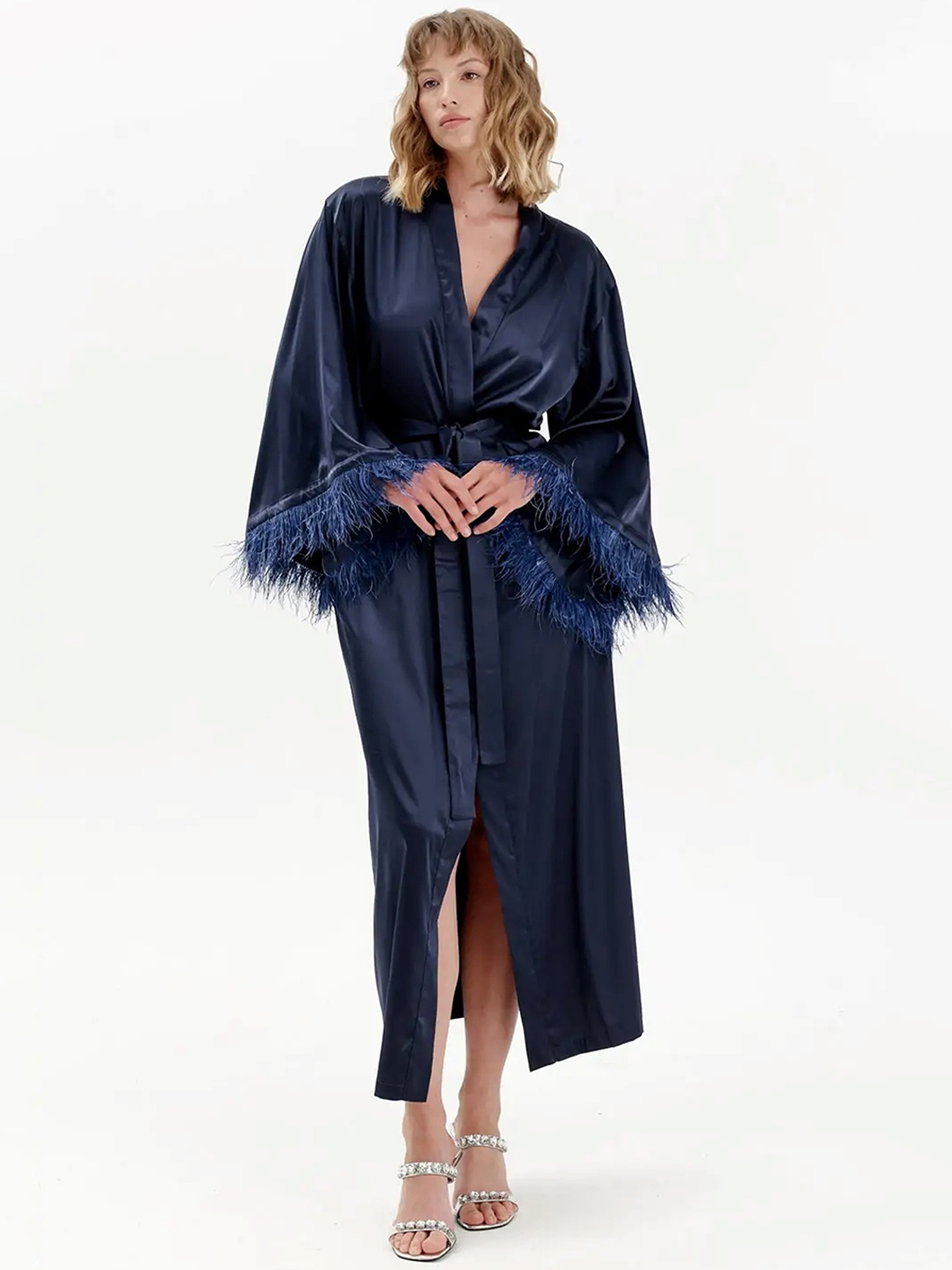 

Bella Babe by SK V-Neck Long Sleeves Satin Maxi Robe, Navy blue