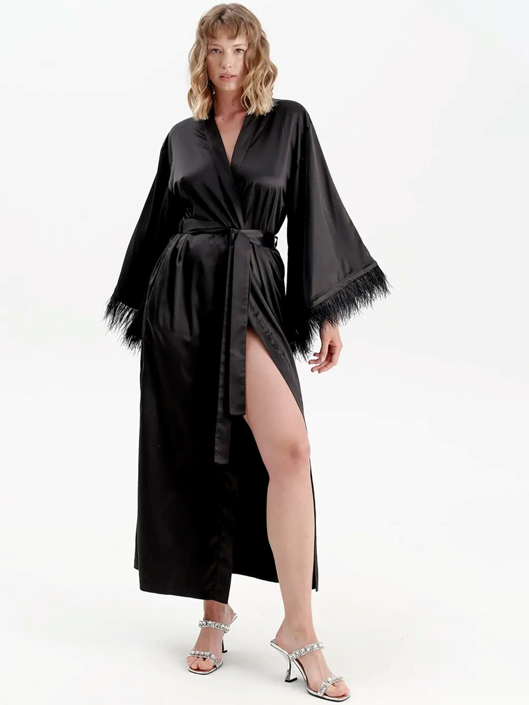 

Bella Babe by SK V-Neck Long Sleeves Satin Maxi Robe, Black