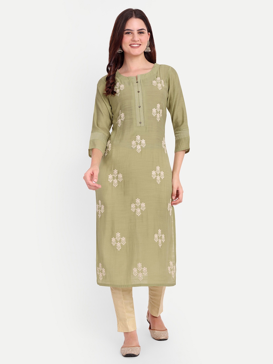 

FILO HEVIS Round Neck Floral Embroidered Cotton Straight Kurta, Green