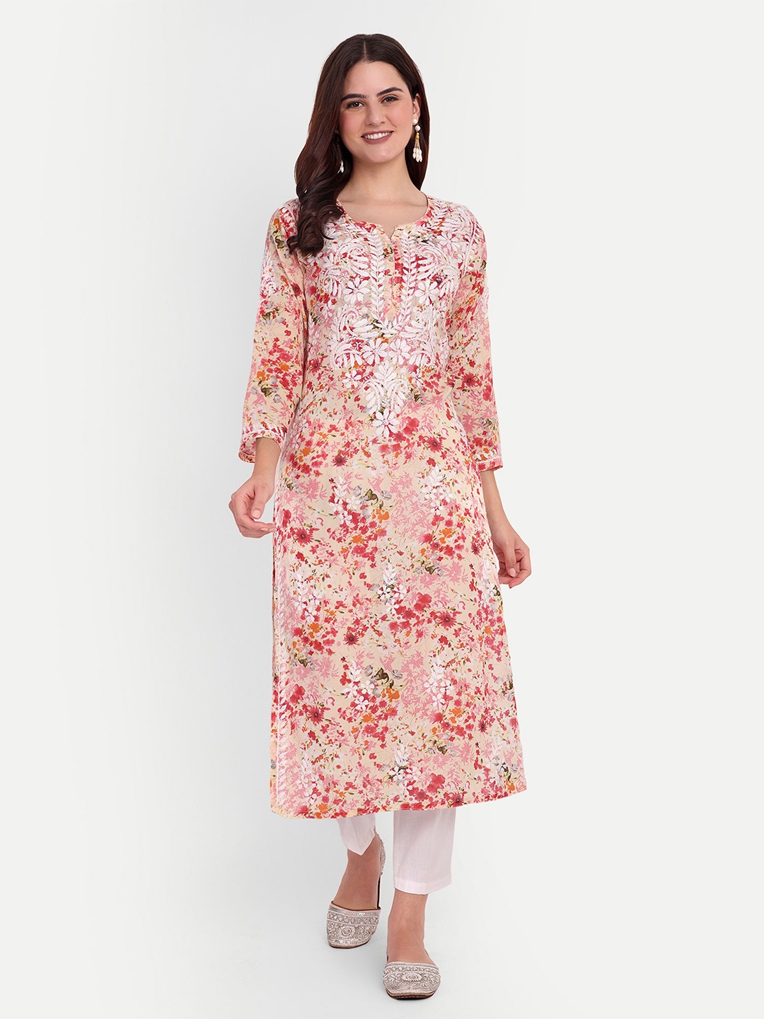 

FILO HEVIS Notch Neck Printed Pure Cotton Straight Kurta, Orange