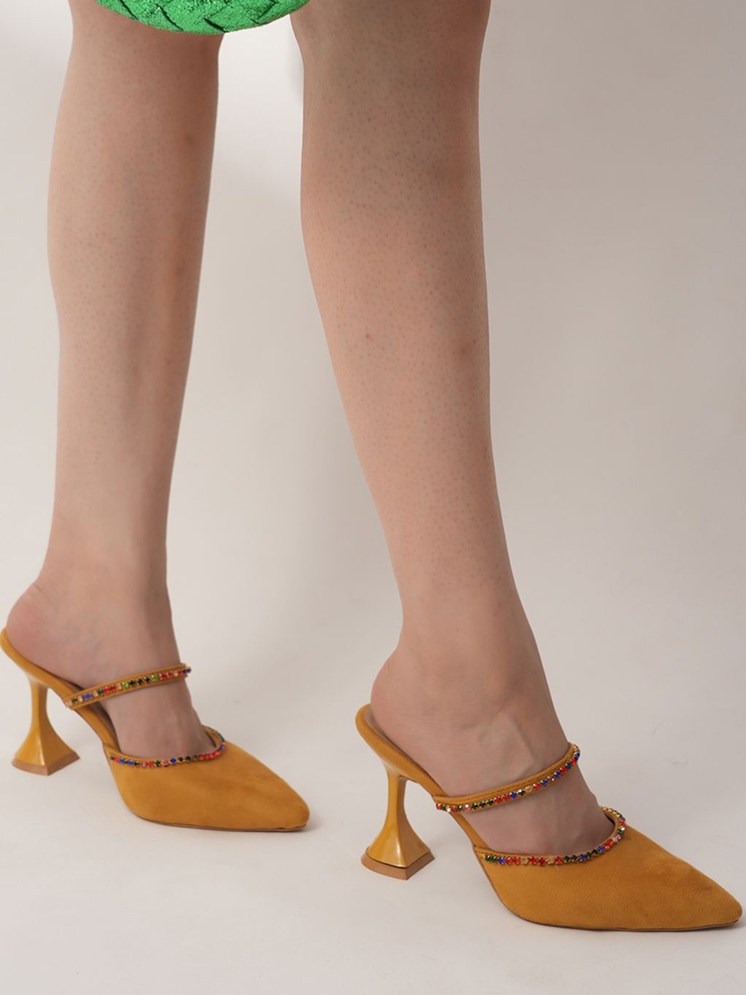 

SCENTRA Western Embellished Pointed Toe Block Pumps, Mustard