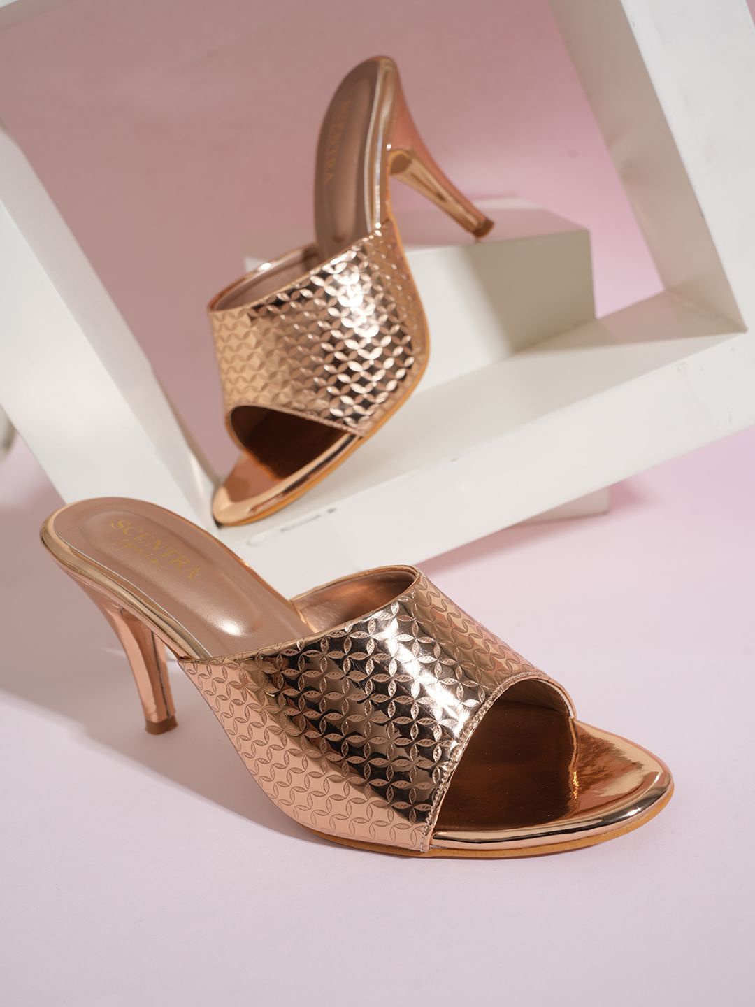 

SCENTRA Textured Open Toe Kitten Heels, Rose gold