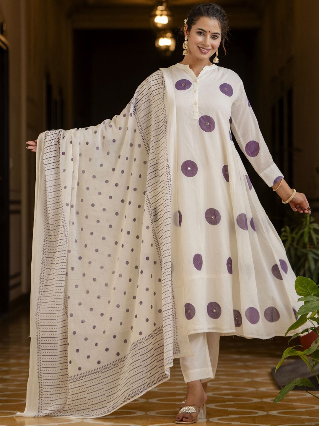 

Readiprint Printed Pleated Mirror Work Pure Cotton Kurta with Trousers & Dupatta, Off white