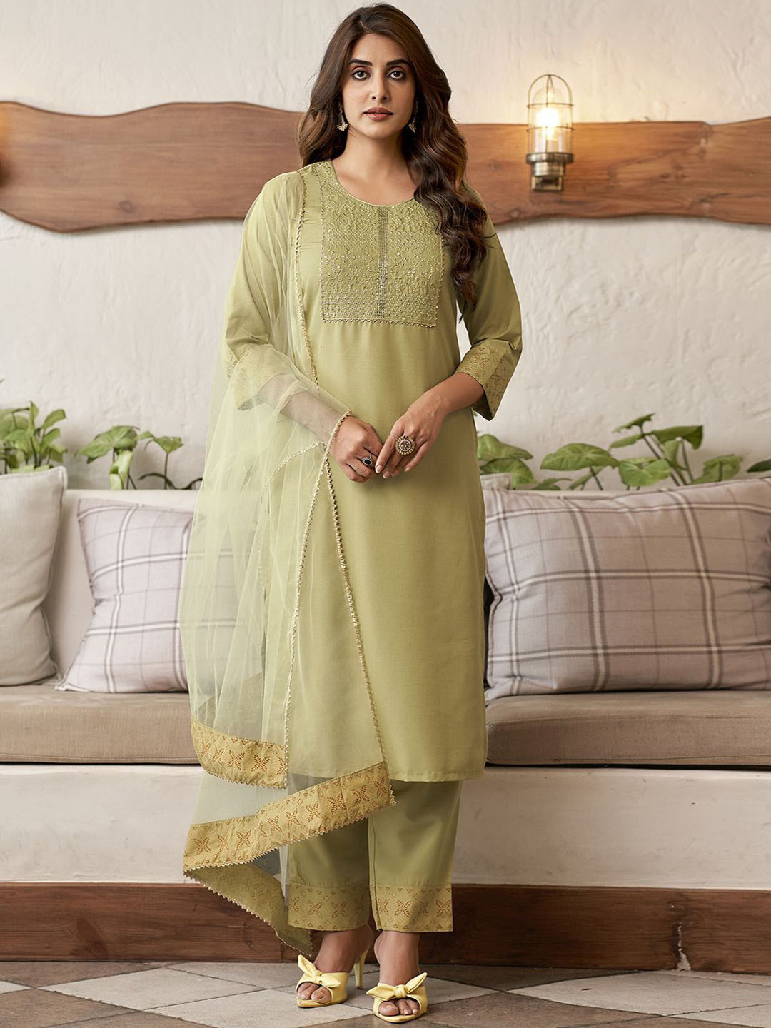 

KALINI Ethnic Motifs Embroidered Sequinned Straight Kurta with Trousers & Dupatta, Green