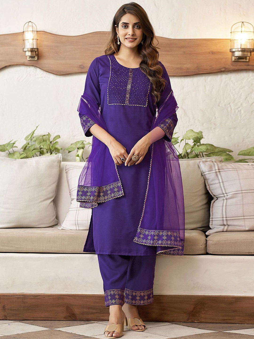 

KALINI Ethnic Motifs Embroidered Sequinned Straight Kurta with Trousers & Dupatta, Purple