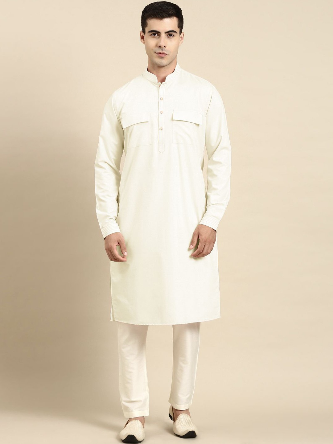 

TheEthnic.Co Pure Cotton Mandarin Collar Pathani Kurta With Trousers, Cream
