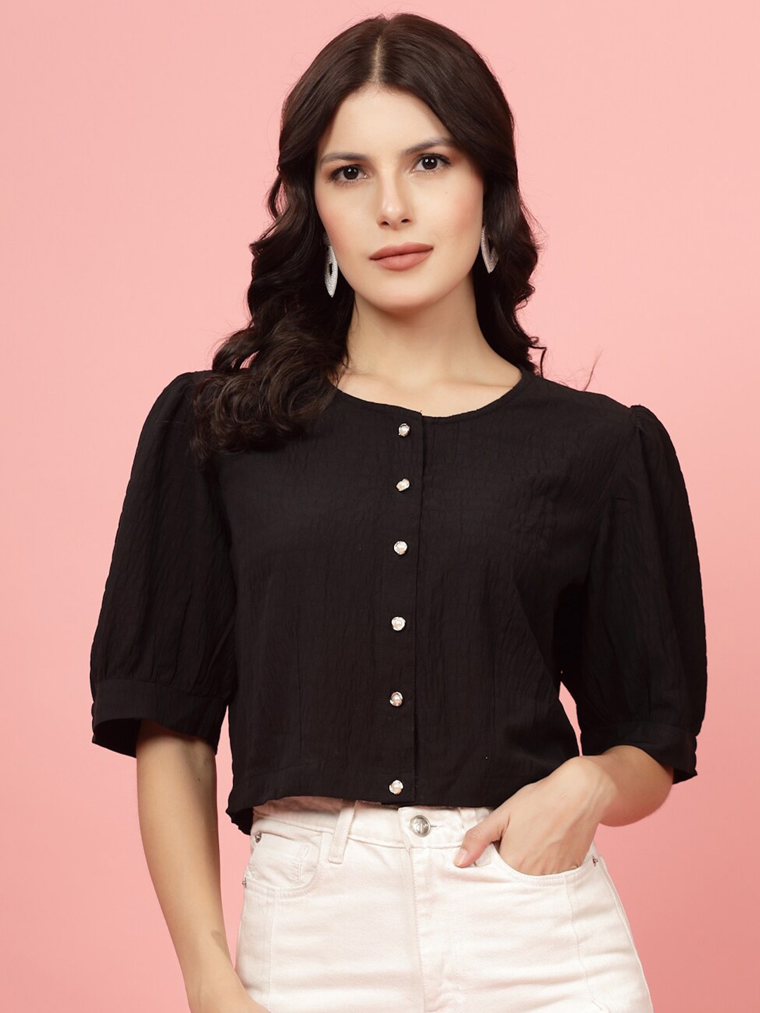 

plusS Solid Round Neck Button Closure Crop Top, Black