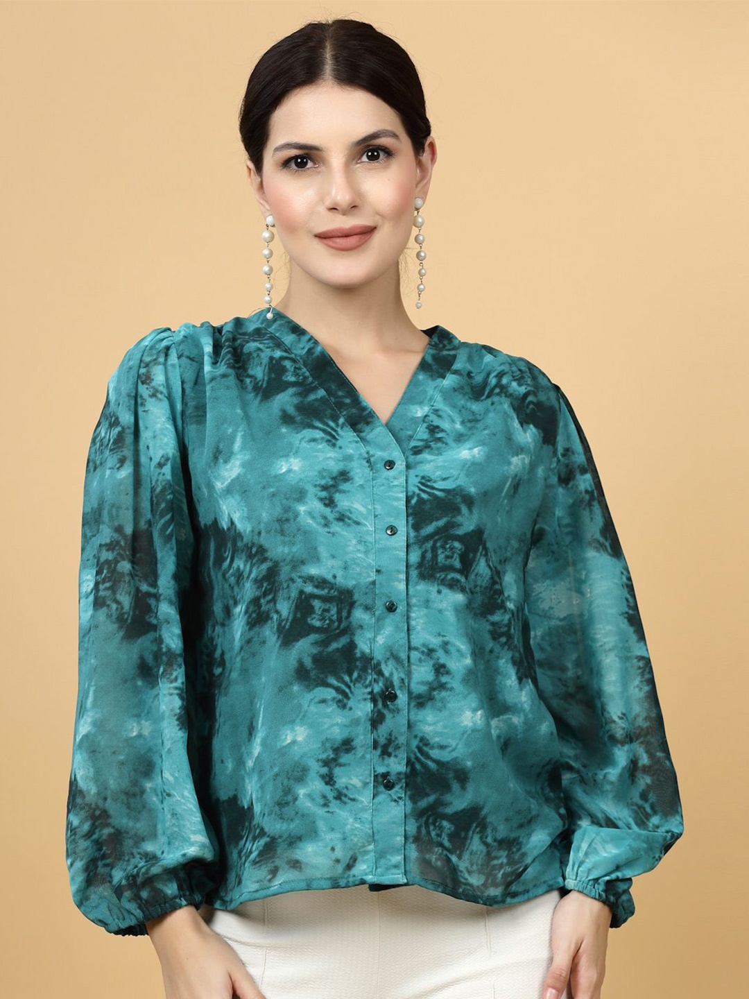 

plusS Abstract Printed Shirt Style Button Closure Top, Green