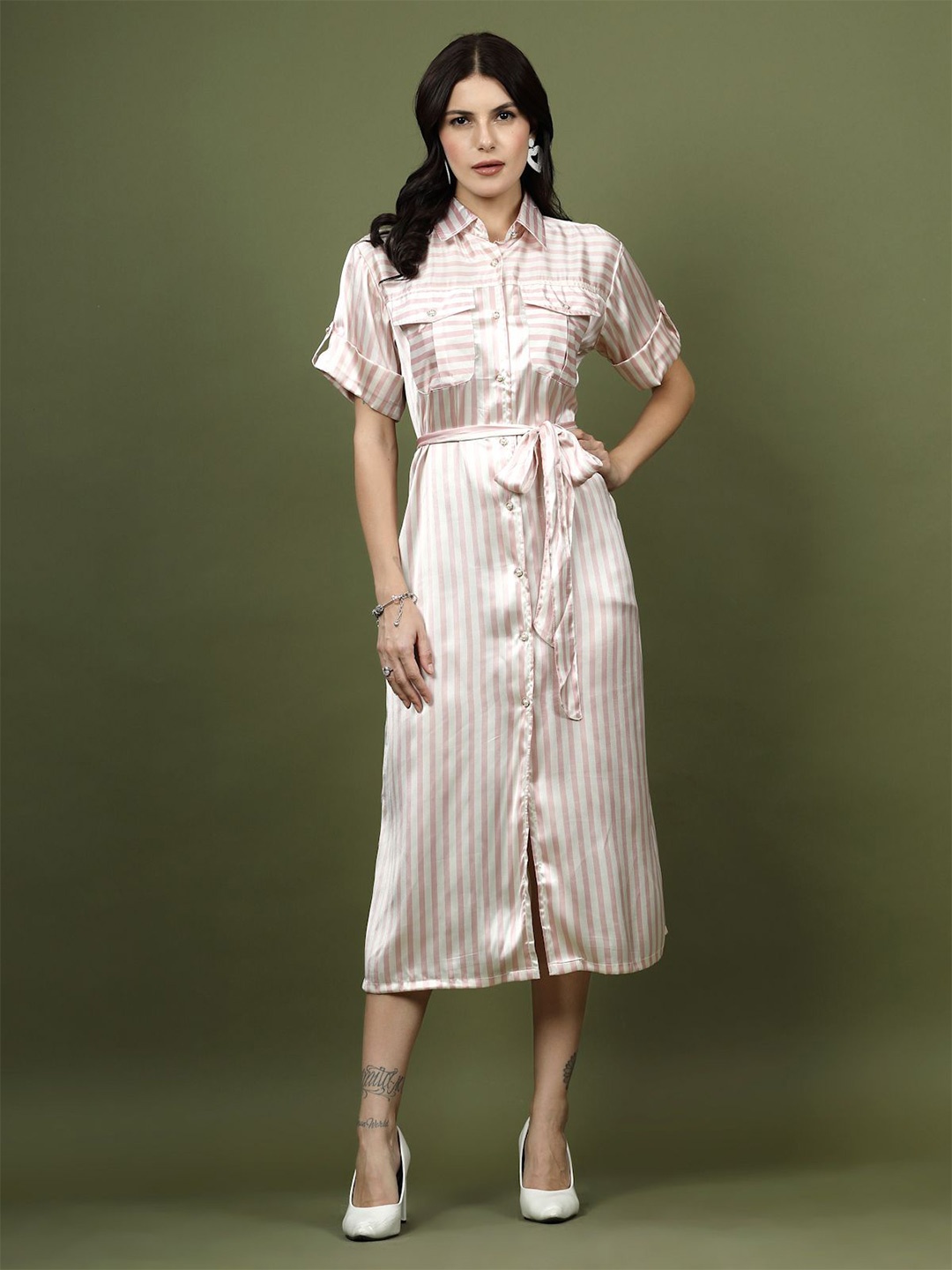 

plusS Shirt Collar Short Sleeves Striped Shirt Midi Dress, Pink