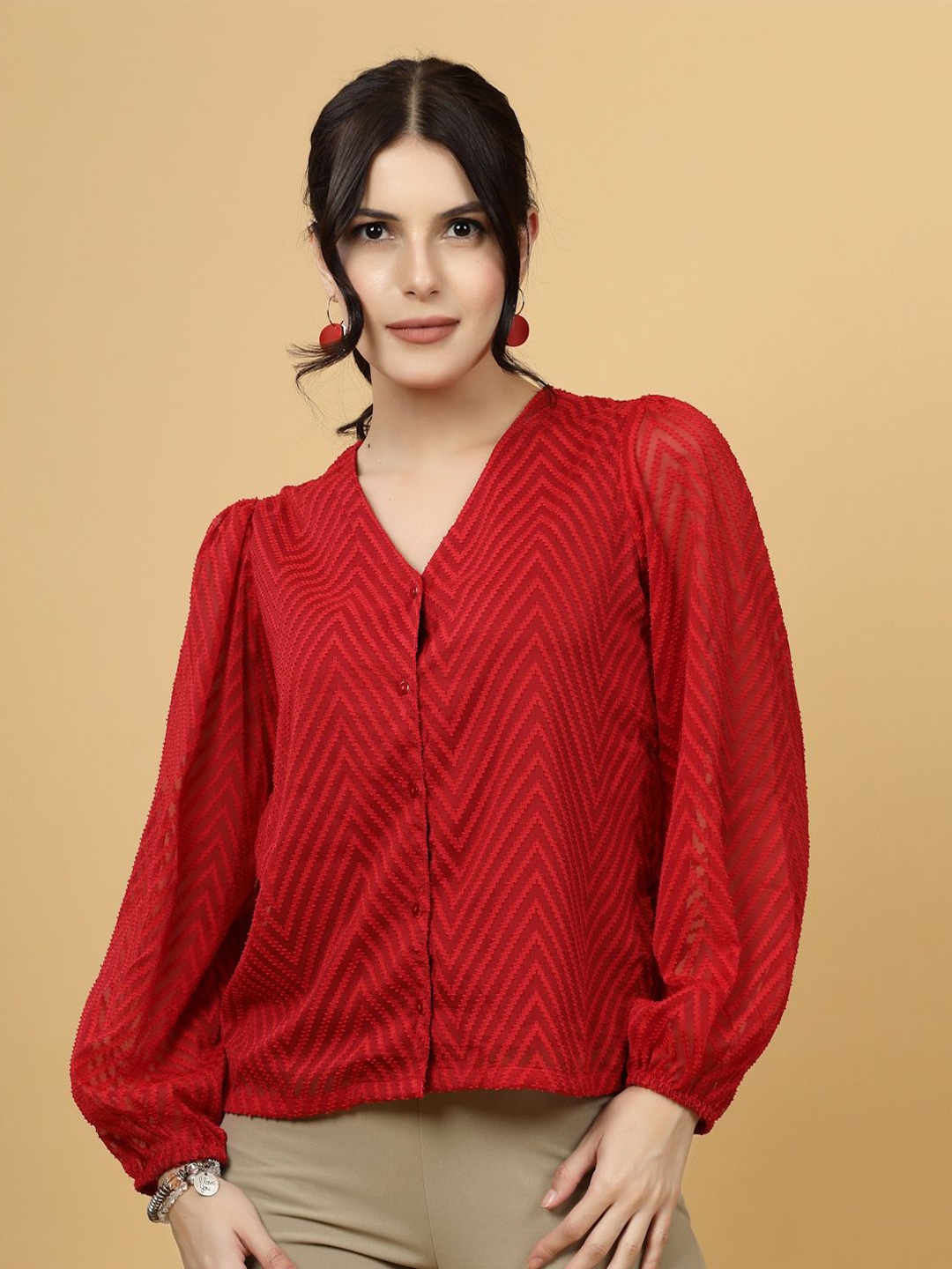 

plusS Geometric Printed Cuffed Sleeves A-Line Top, Red
