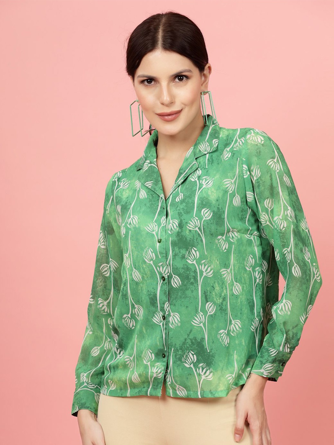 

plusS Green Floral Printed Cuban Collar Casual Shirt