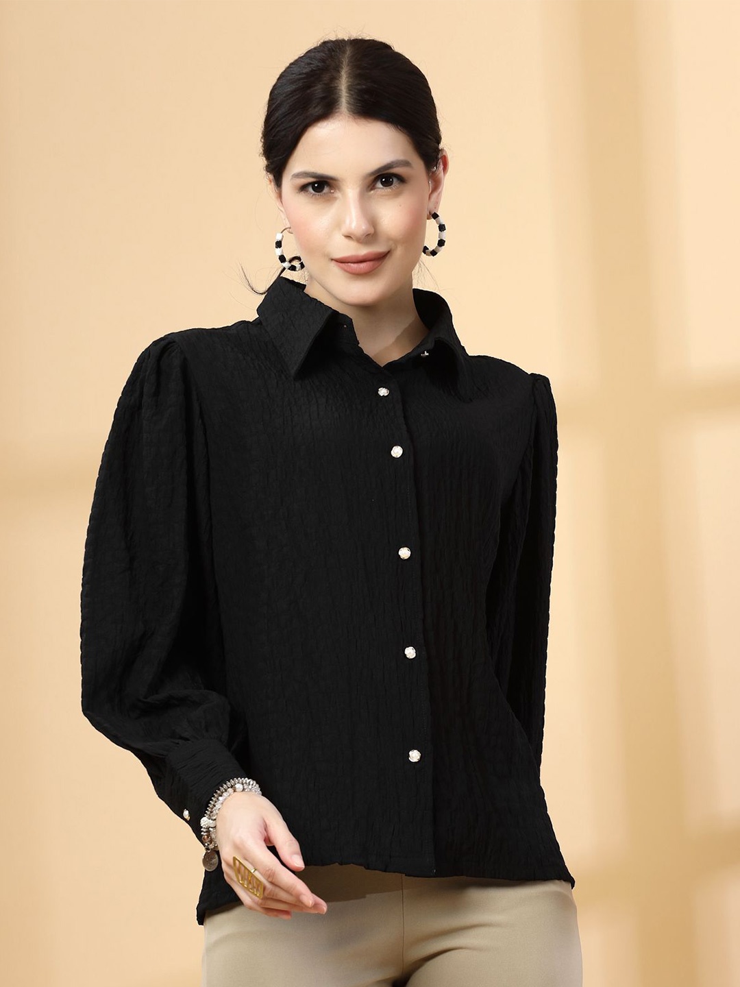 

plusS Spread Collar Casual Shirt, Black