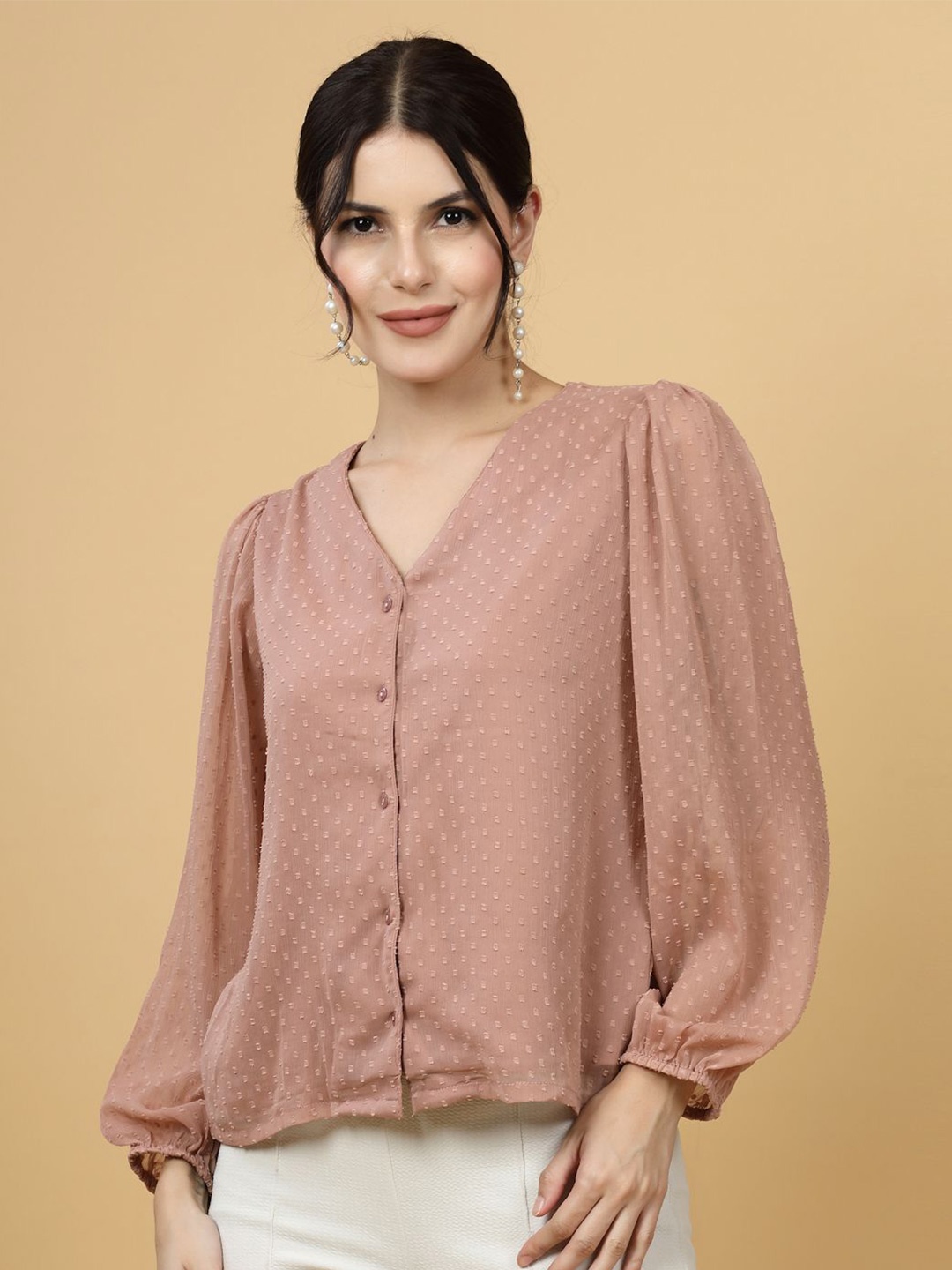 

plusS V-Neck Self Design Shirt Style Top, Pink