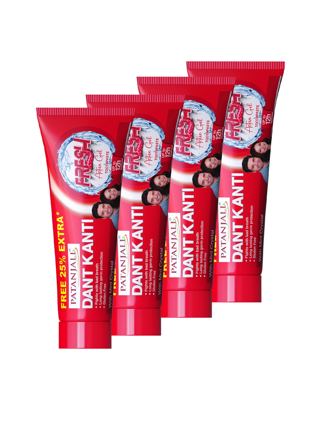 

Patanjali Set of 4 Dant Kanti Fresh Active Gel Toothpaste with Mint Crystal - 100g each, Red