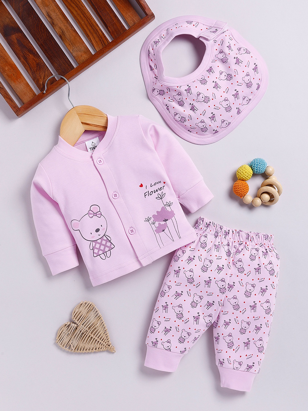 

YK X Tinyo Infants Girls Printed Top with Joggers and Bib, Lavender