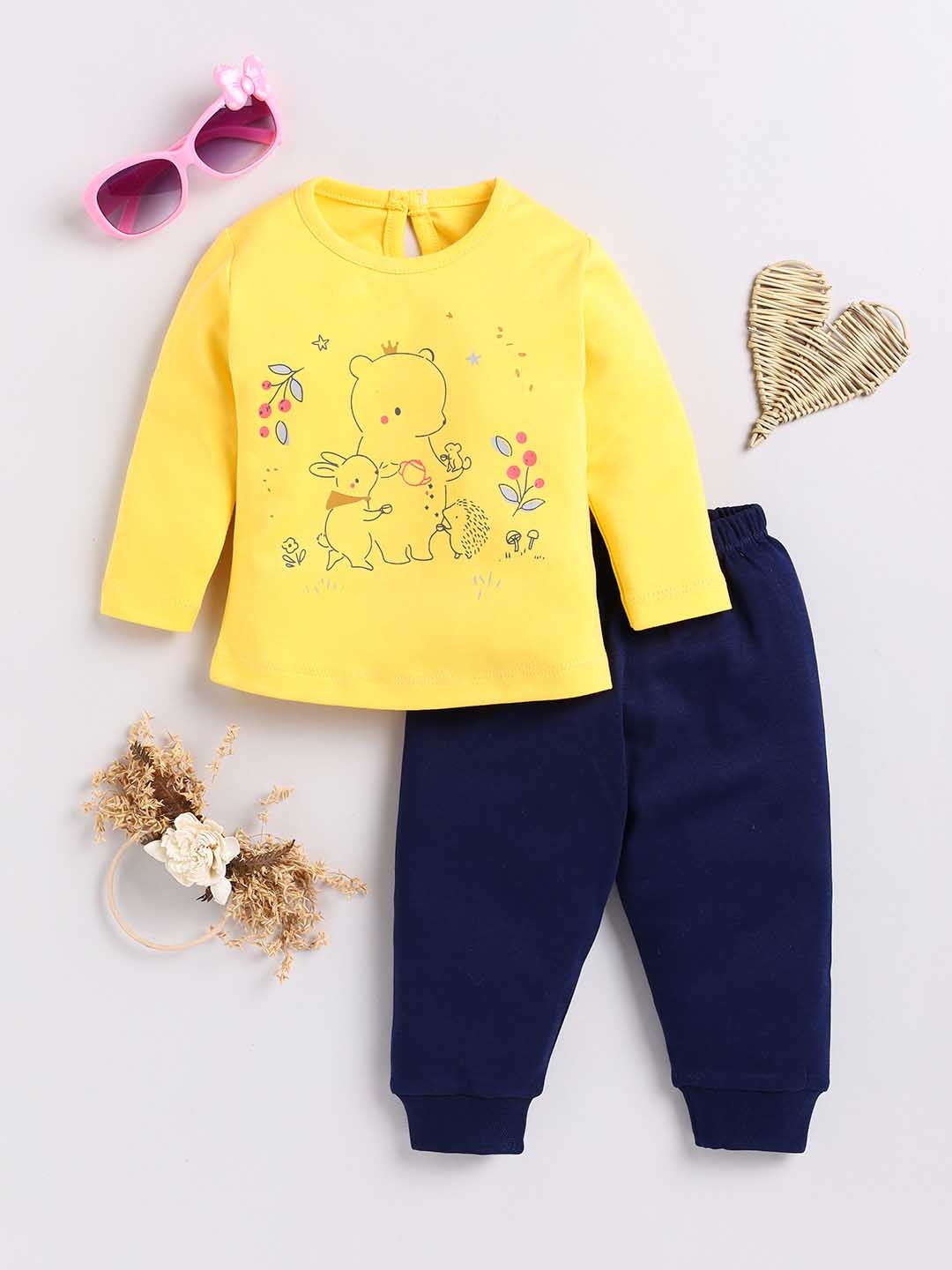 

YK X Tinyo Infant Girls Printed Pure Cotton T-shirt with Joggers, Yellow