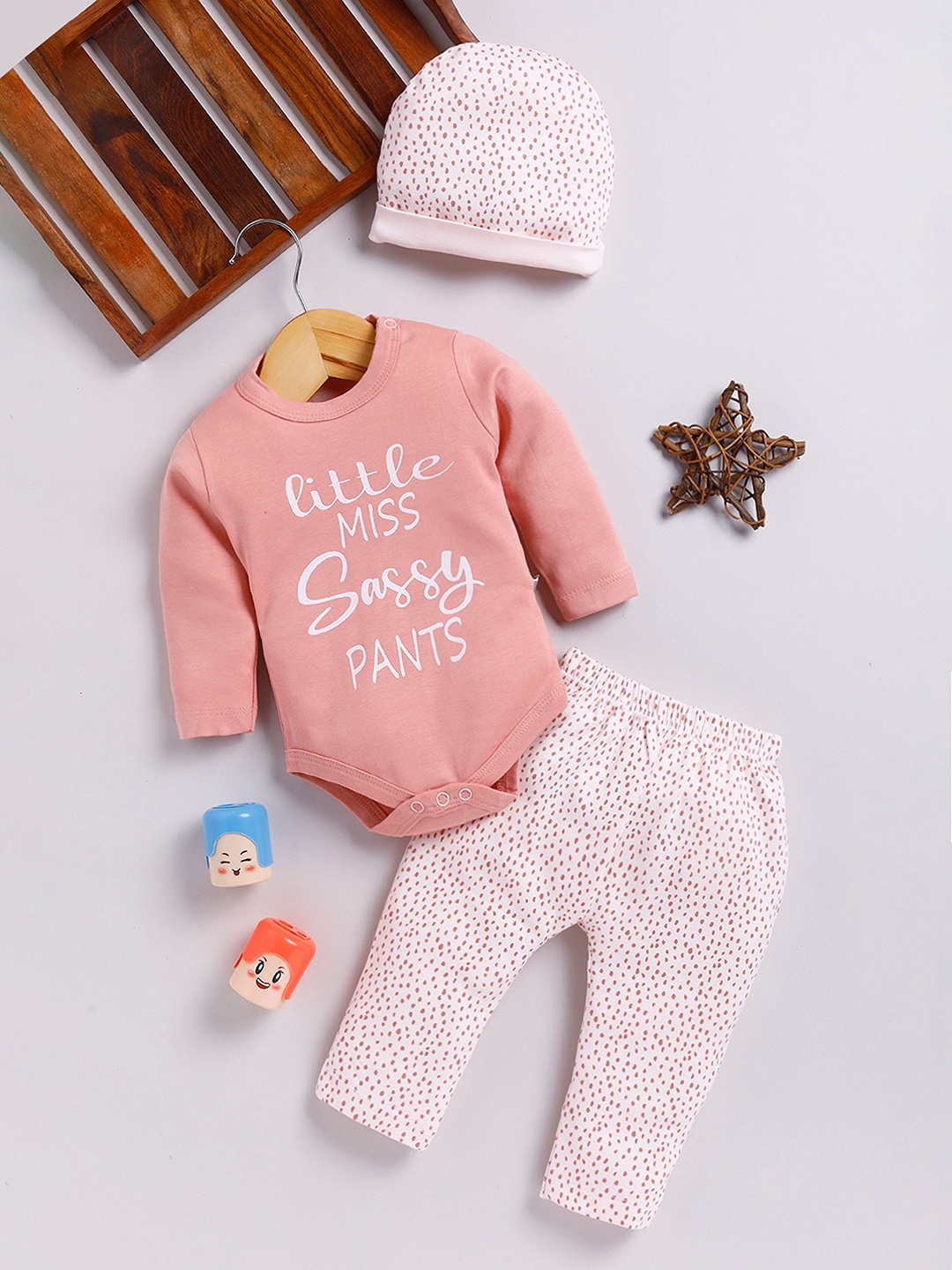 

YK X Tinyo Infant Girls Pure Cotton Printed Bodysuit with Joggers & Cap, Rose