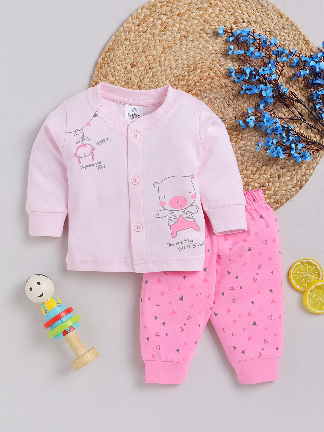 

YK X Tinyo Infant Boys Pure Cotton Printed Jabla with Joggers, Pink