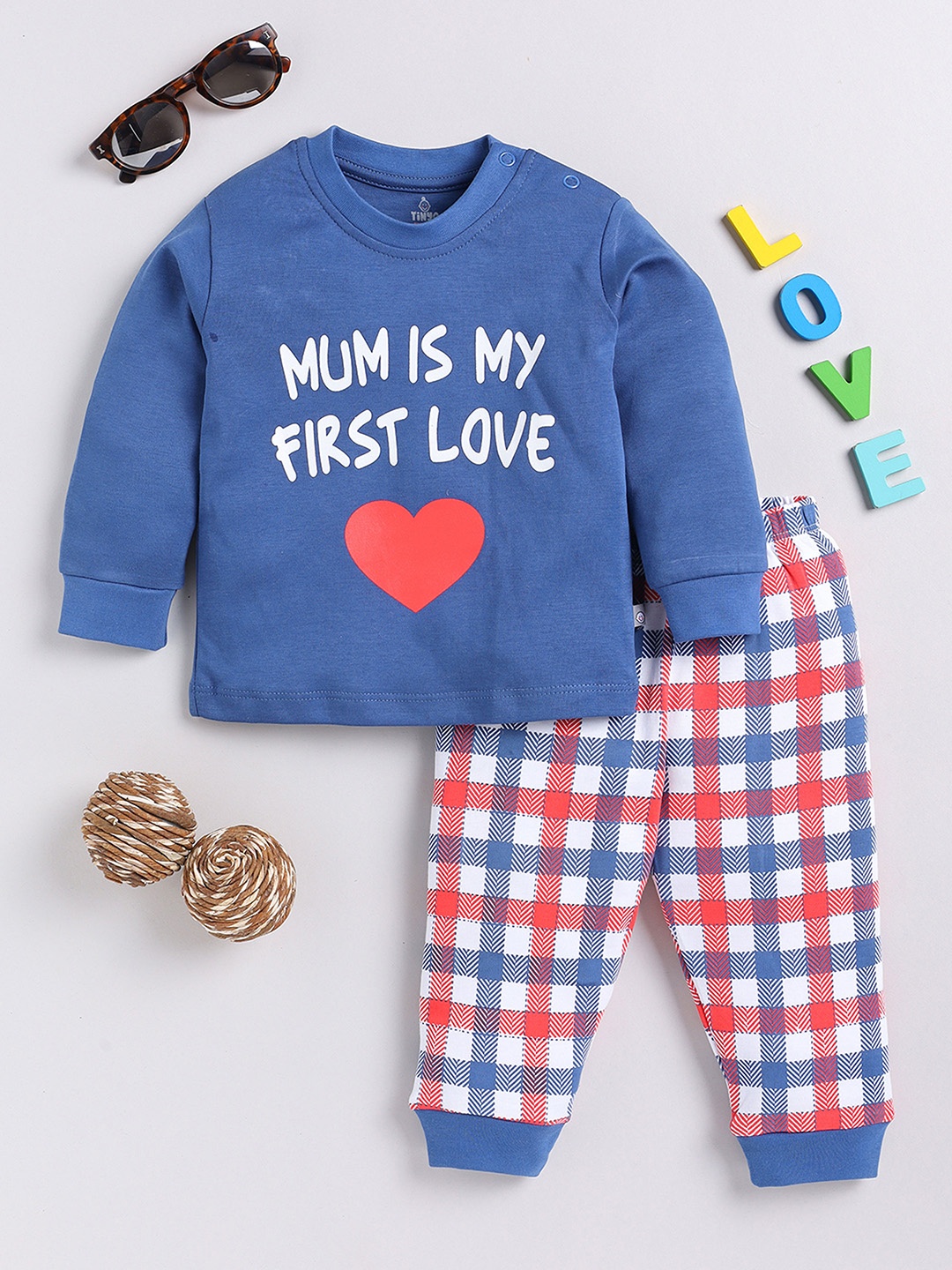 

YK X Tinyo Infant Boys Printed Pure Cotton T-shirt with Joggers, Blue