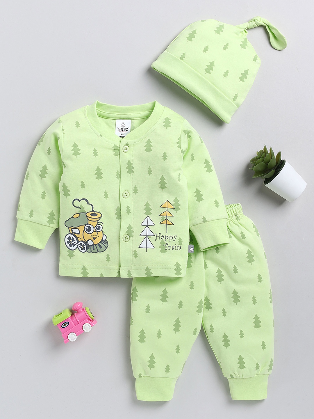 

YK X Tinyo Infant Boys Pure Cotton Printed Jabla with Joggers, Green