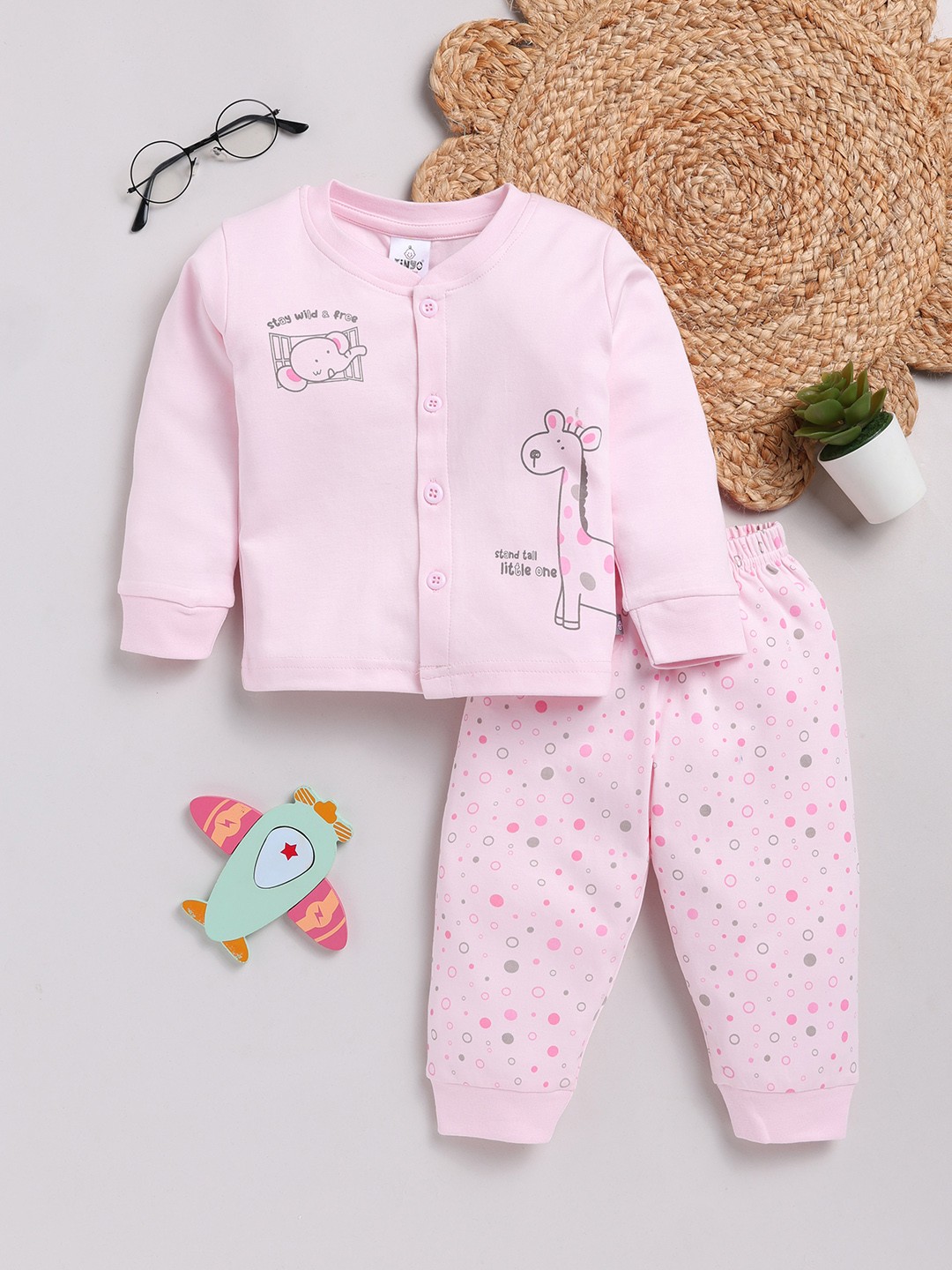 

YK X Tinyo Infant Boys Printed Pure Cotton Shirt with Joggers, Pink