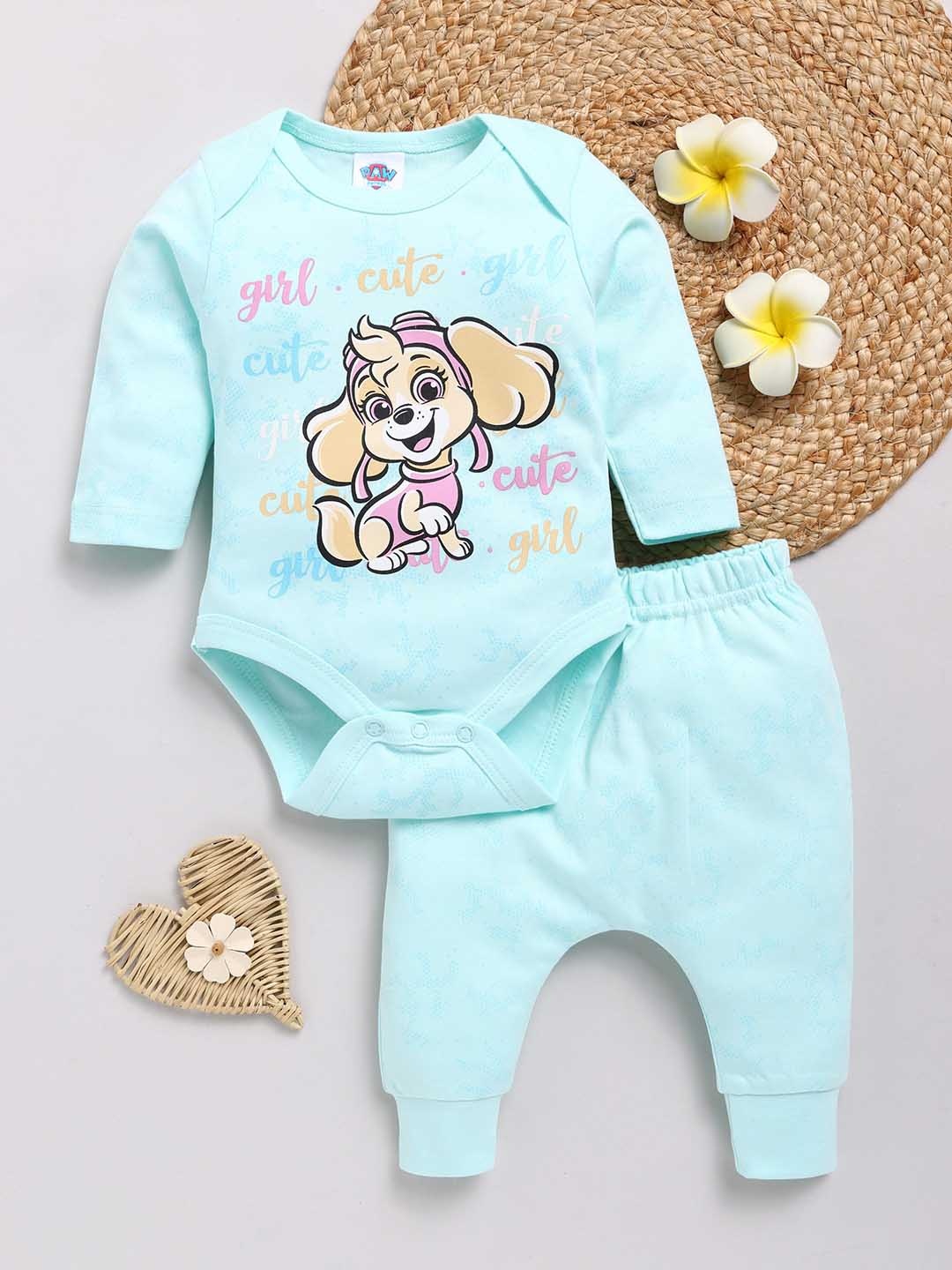 

YK X Tinyo Infant Girls Printed Pure Cotton Bodysuit with Joggers, Sea green