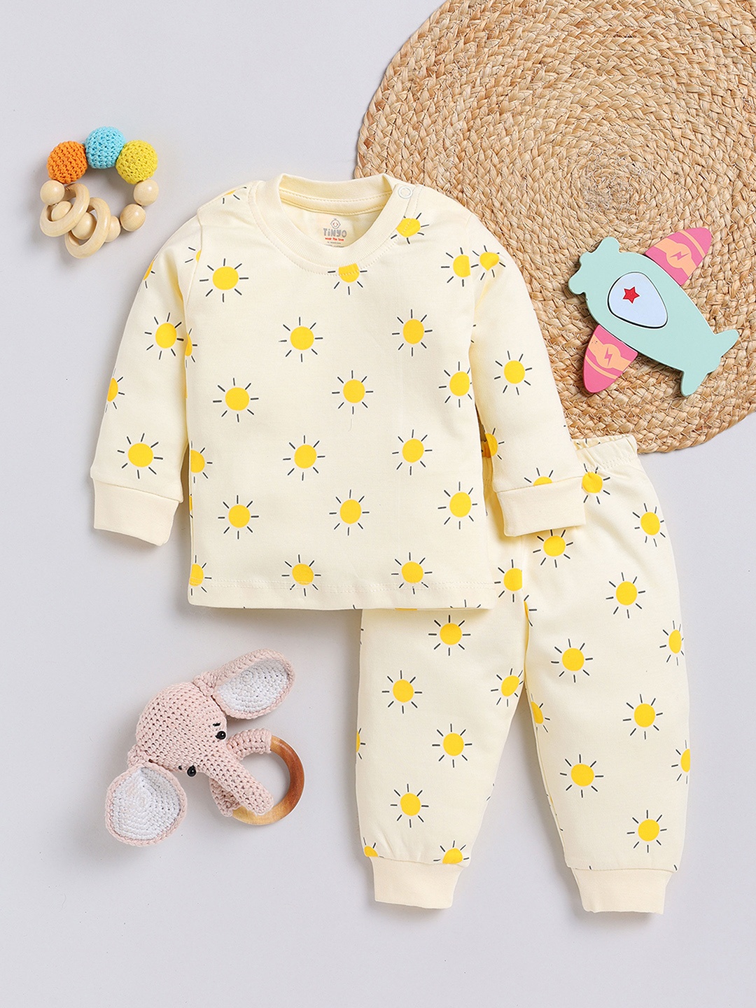 

YK X Tinyo Infant Boys Pure Cotton Printed T-shirt with Joggers, Yellow