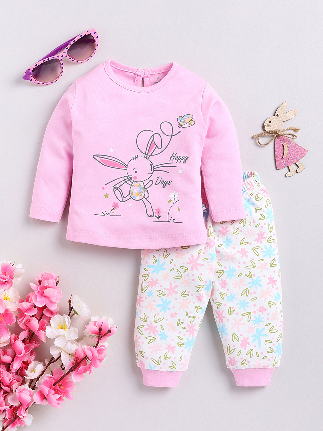 

YK X Tinyo Infant Girls Printed Pure Cotton T-shirt with Joggers, Pink