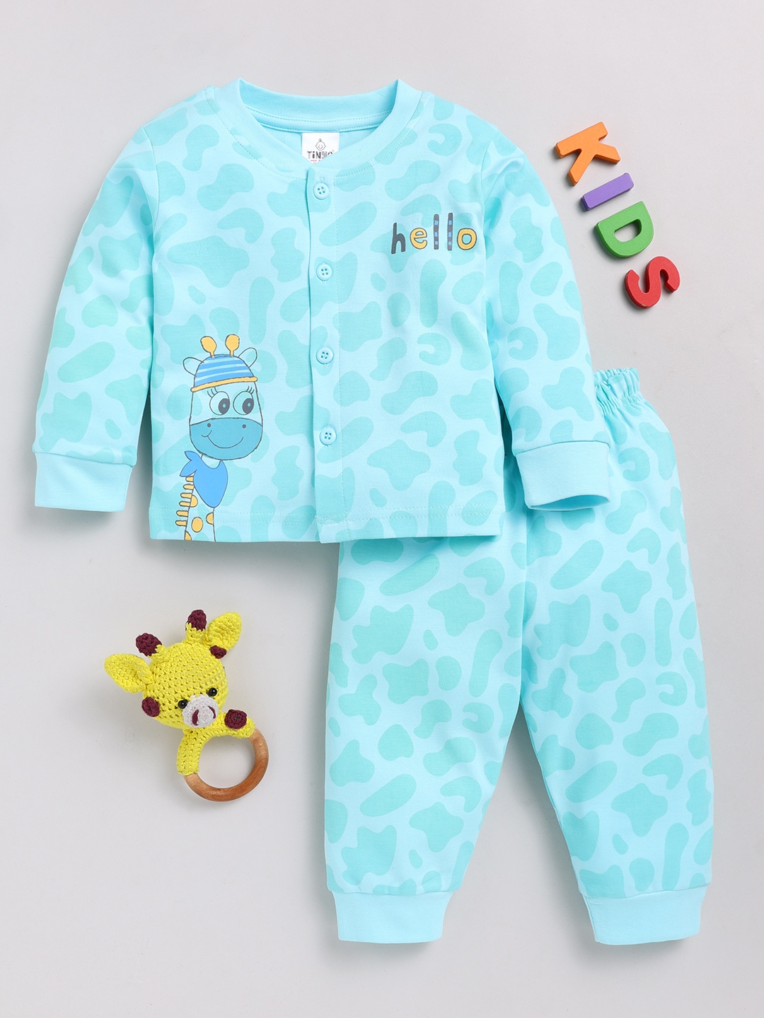 

YK X Tinyo Infant Boys Printed Pure Cotton Shirt with Joggers, Blue