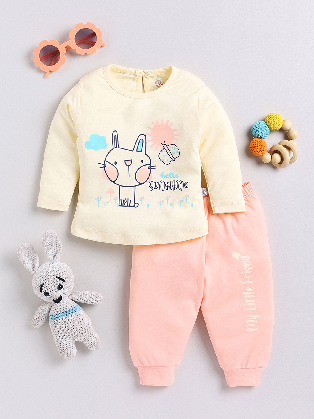 

YK X Tinyo Infant Girls Printed Pure Cotton T-shirt with Joggers, Cream