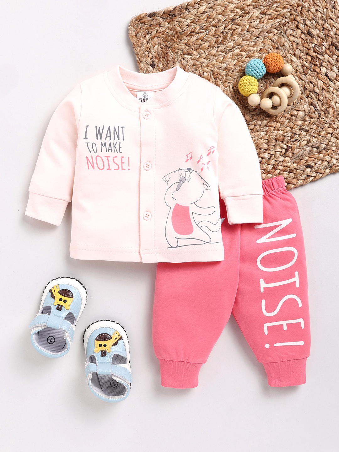 

YK X Tinyo Infant Girls Printed Pure Cotton Shirt with Joggers, Peach