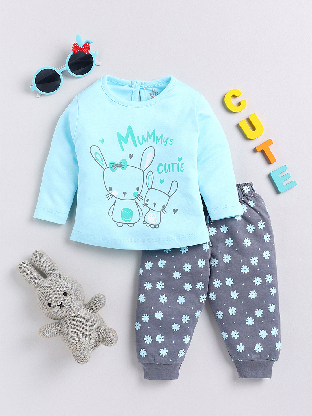

YK X Tinyo Infant Girls Pure Cotton Printed Top with Joggers, Blue