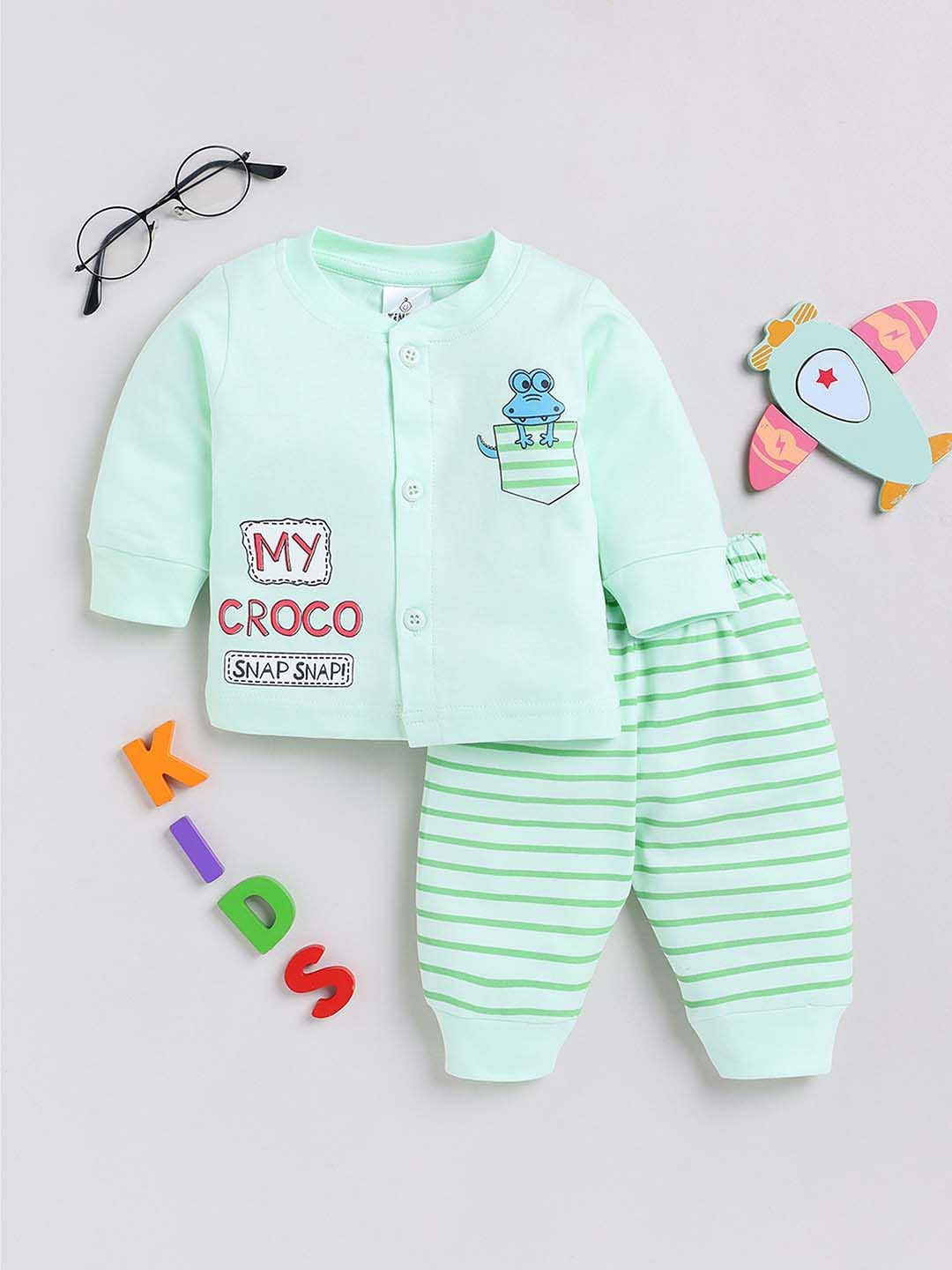 

YK X Tinyo Infant Boys Pure Cotton Printed Jabla with Striped Joggers, Green