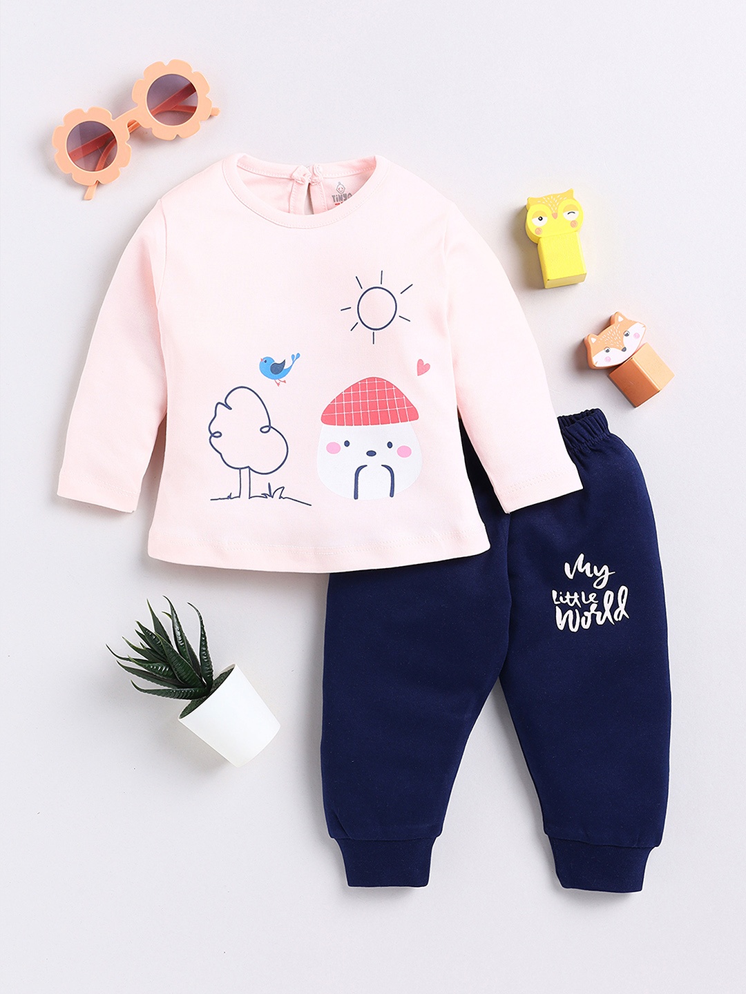 YK X Tinyo Infant Girls Pure Cotton Printed Top with Joggers, Peach