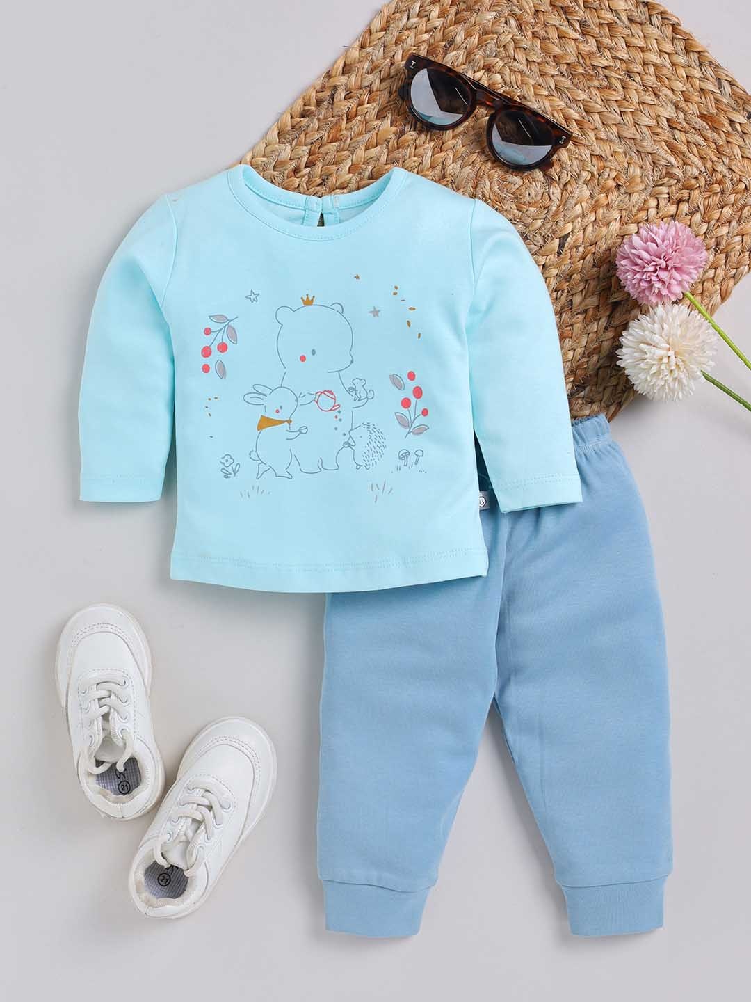 

YK X Tinyo Infant Girls Pure Cotton Printed T-shirt with Joggers, Blue