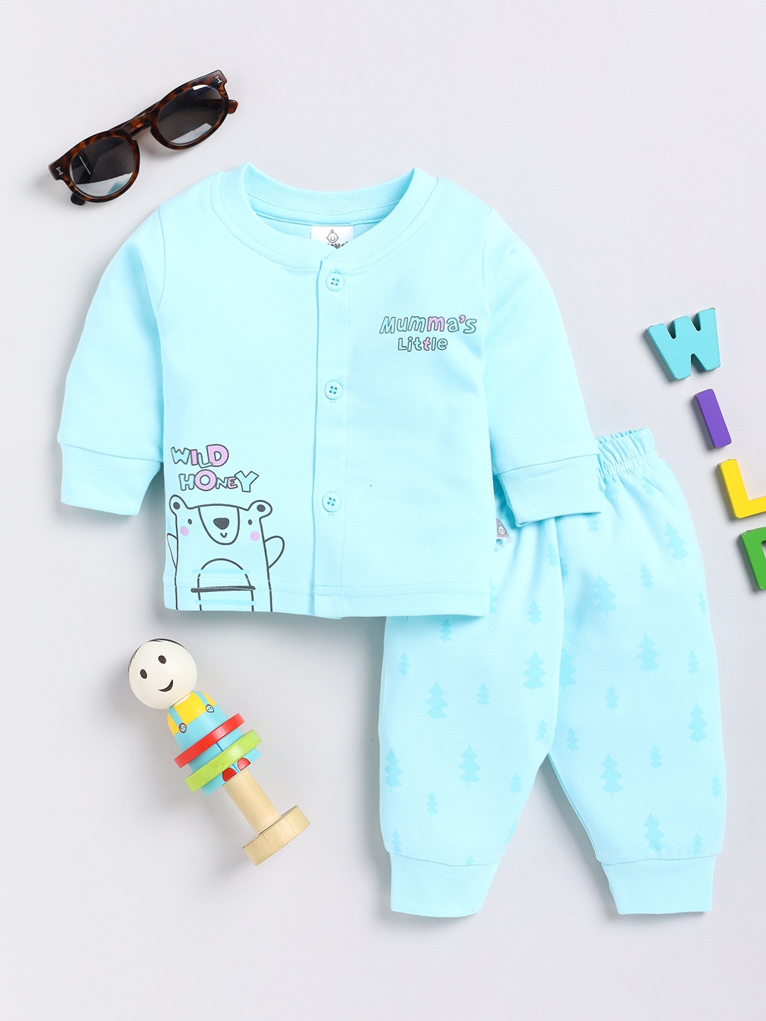 YK X Tinyo Infant Boys Pure Cotton Printed Jabla with Joggers, Blue