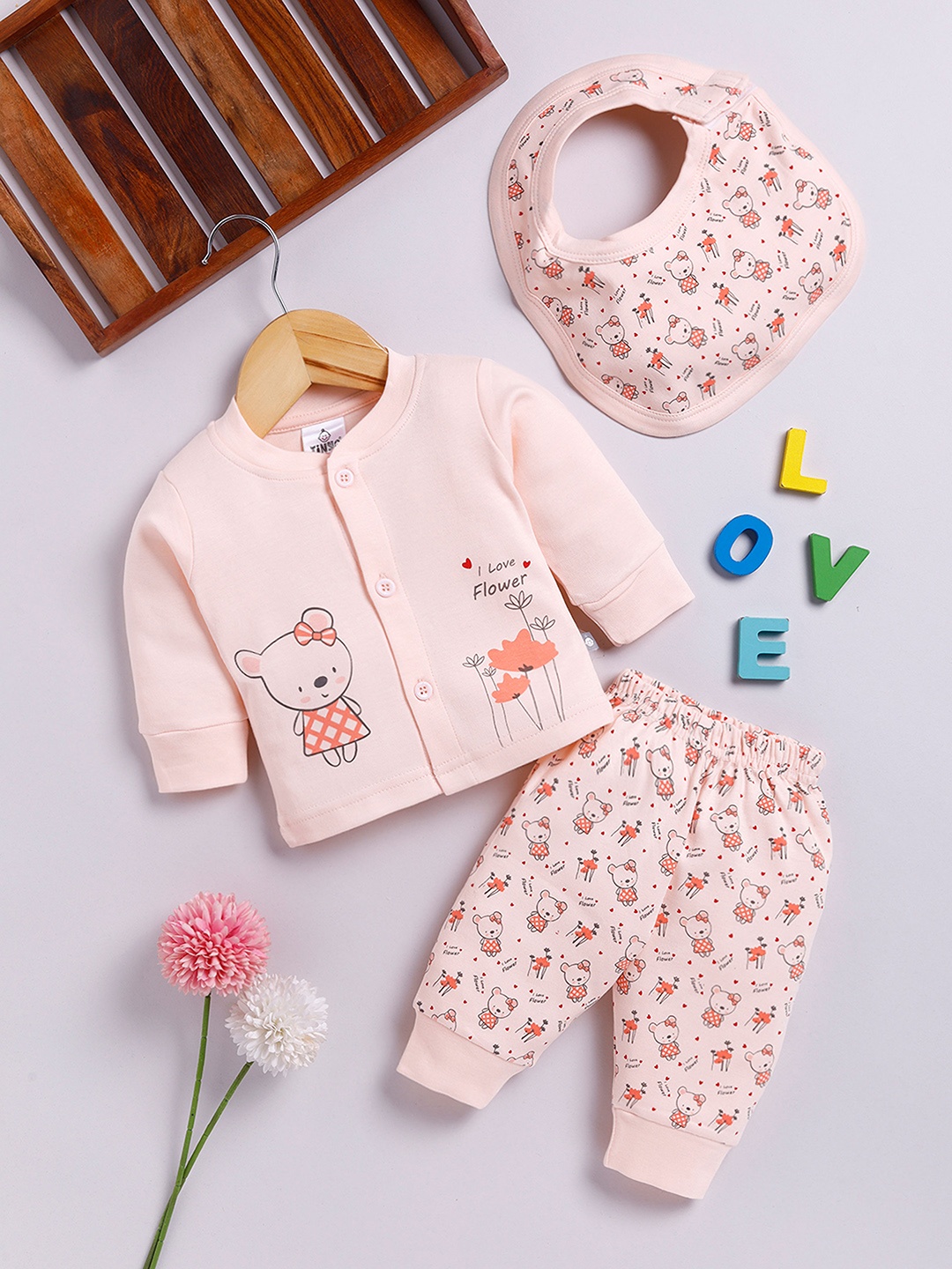 

YK X Tinyo Infant Gilrs Pure Cotton Printed Jabla with Striped Joggers & Bib, Peach