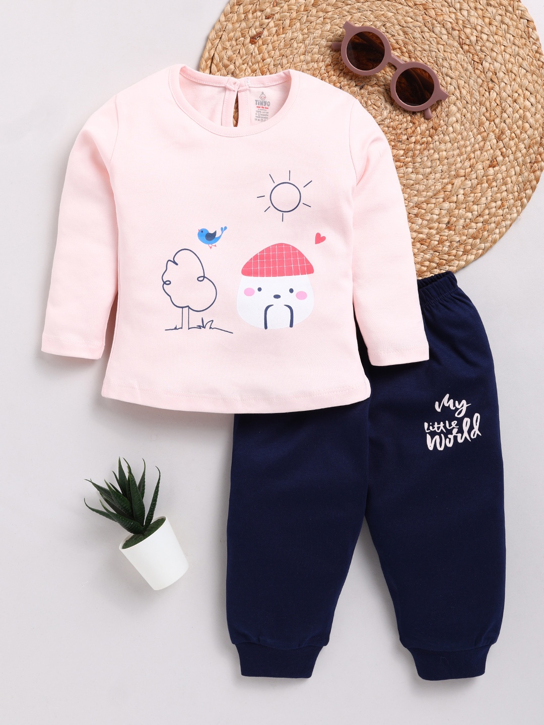 

YK X Tinyo Infant Girls Pure Cotton Printed Top with Joggers, Peach