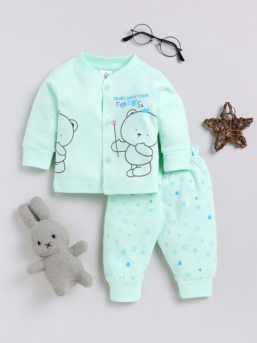 

YK X Tinyo Infant Boys Pure Cotton Printed Jabla with Joggers, Green