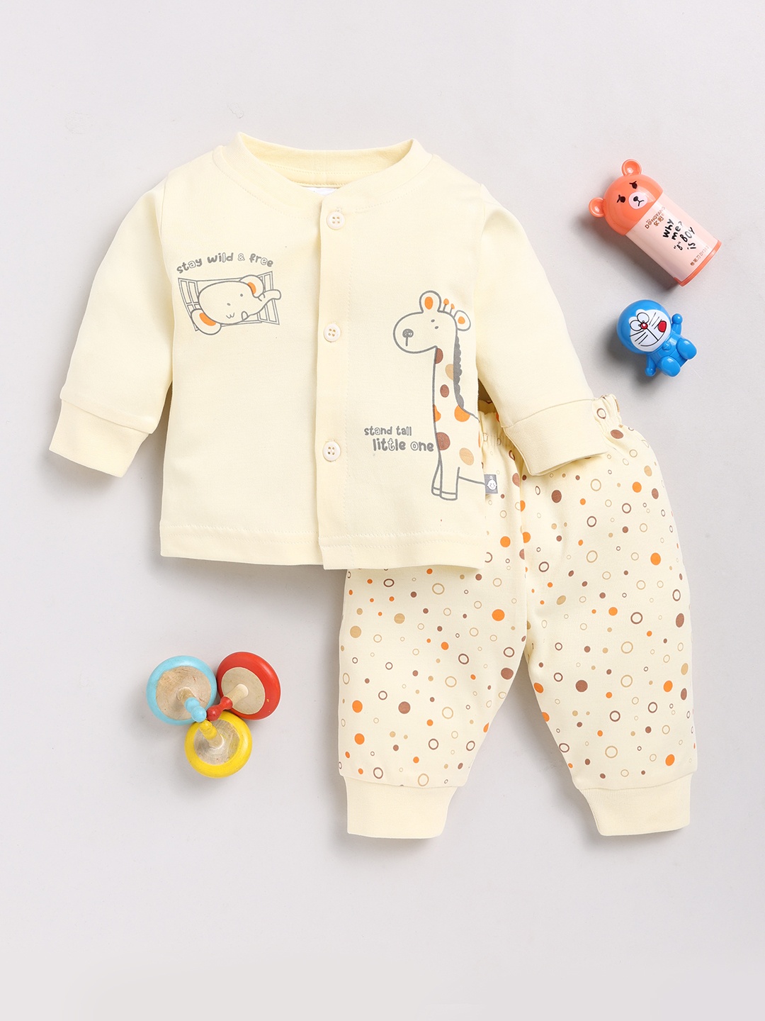 

YK X Tinyo Infant Boys Printed Pure Cotton Shirt with Joggers, Cream