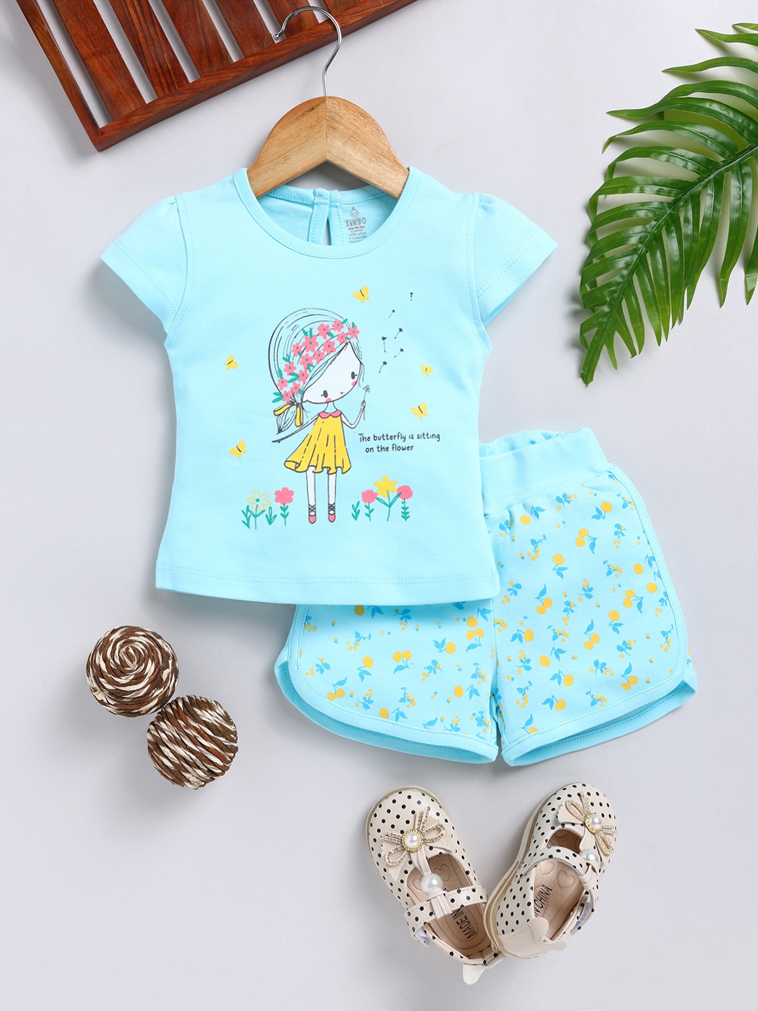 YK X Tinyo Infant Girls Pure Cotton Printed Top with Shorts, Blue