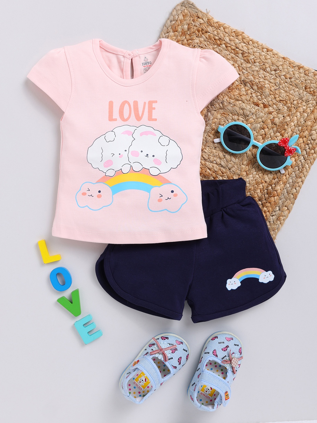 YK X Tinyo Infant Girls Pure Cotton Printed Top with Shorts, Peach