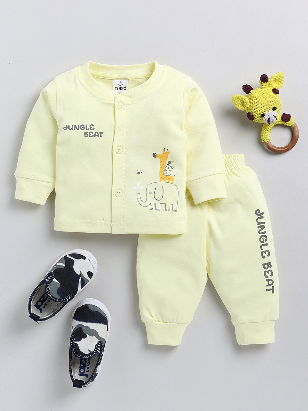 

YK X Tinyo Infant Boys Pure Cotton Printed Jabla with Joggers, Yellow
