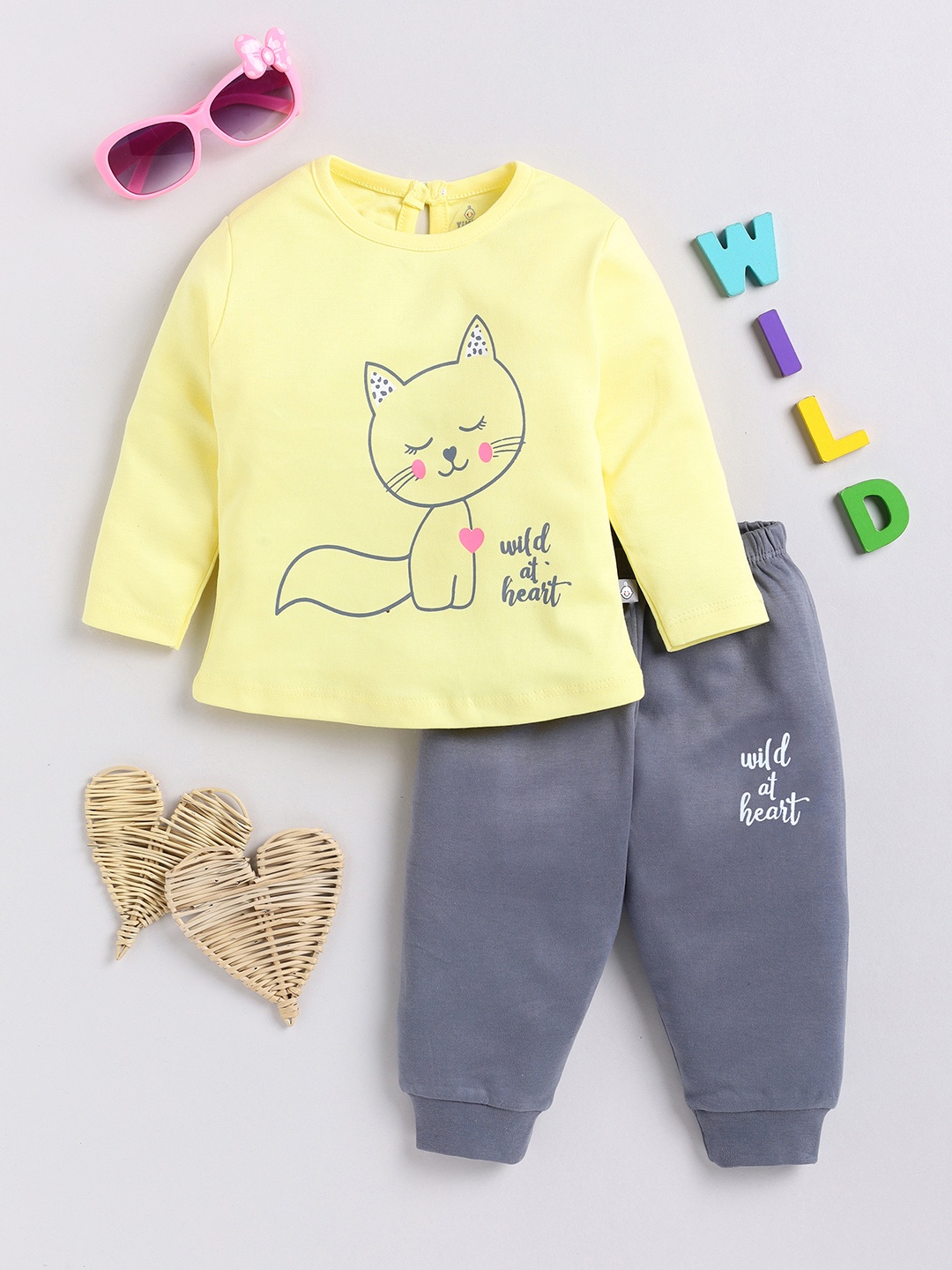 

YK X Tinyo Infant Girls Pure Cotton Printed Top with Joggers, Yellow