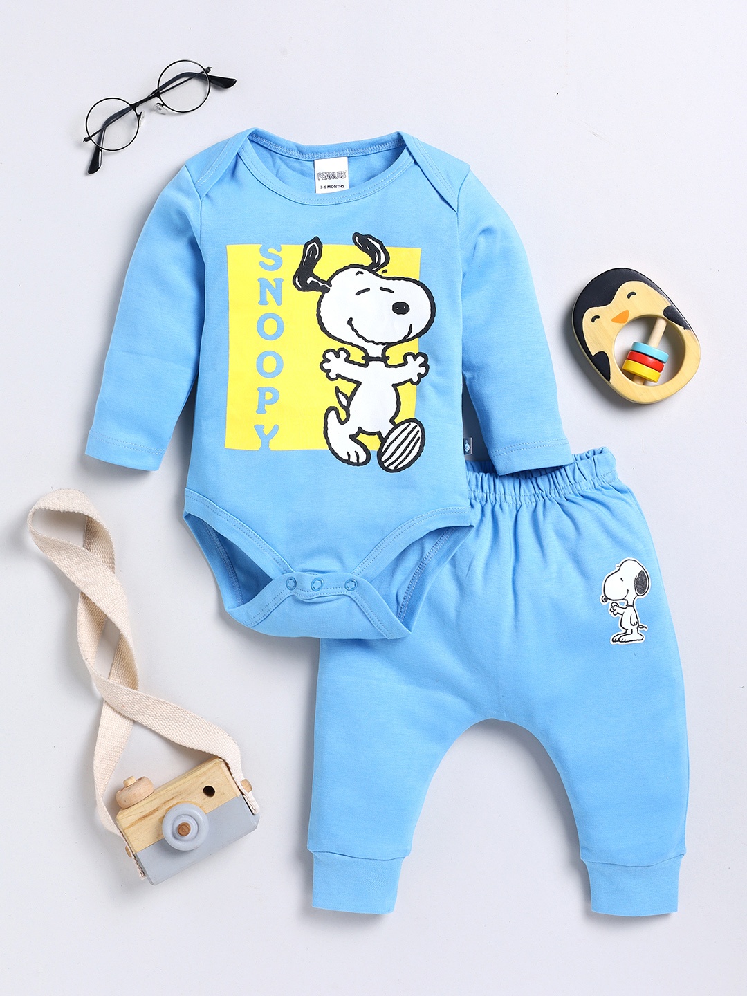 

YK X Tinyo Infant Boys Peanuts Snoopy Printed Pure Cotton Bodysuit with Joggers, Blue