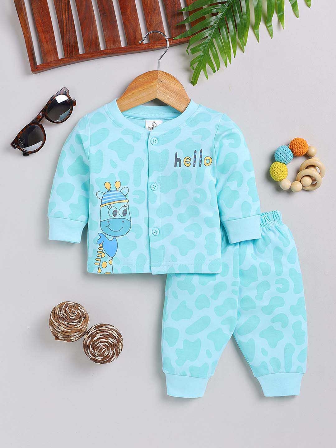 

YK X Tinyo Infant Boys Pure Cotton Printed Jabla with Joggers, Teal
