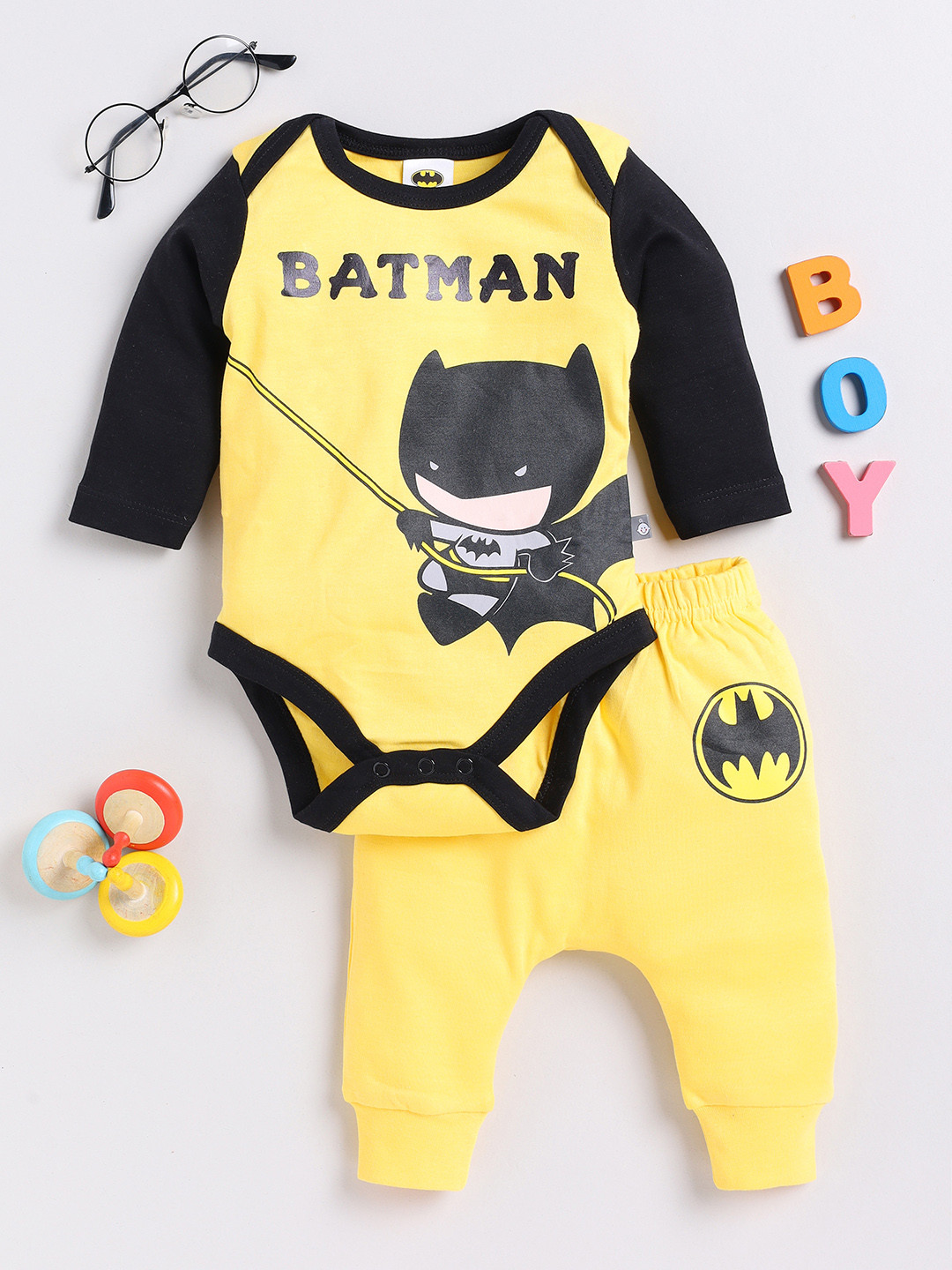 

YK X Tinyo Infant Boys Batman Printed Bodysuit with Joggers, Yellow